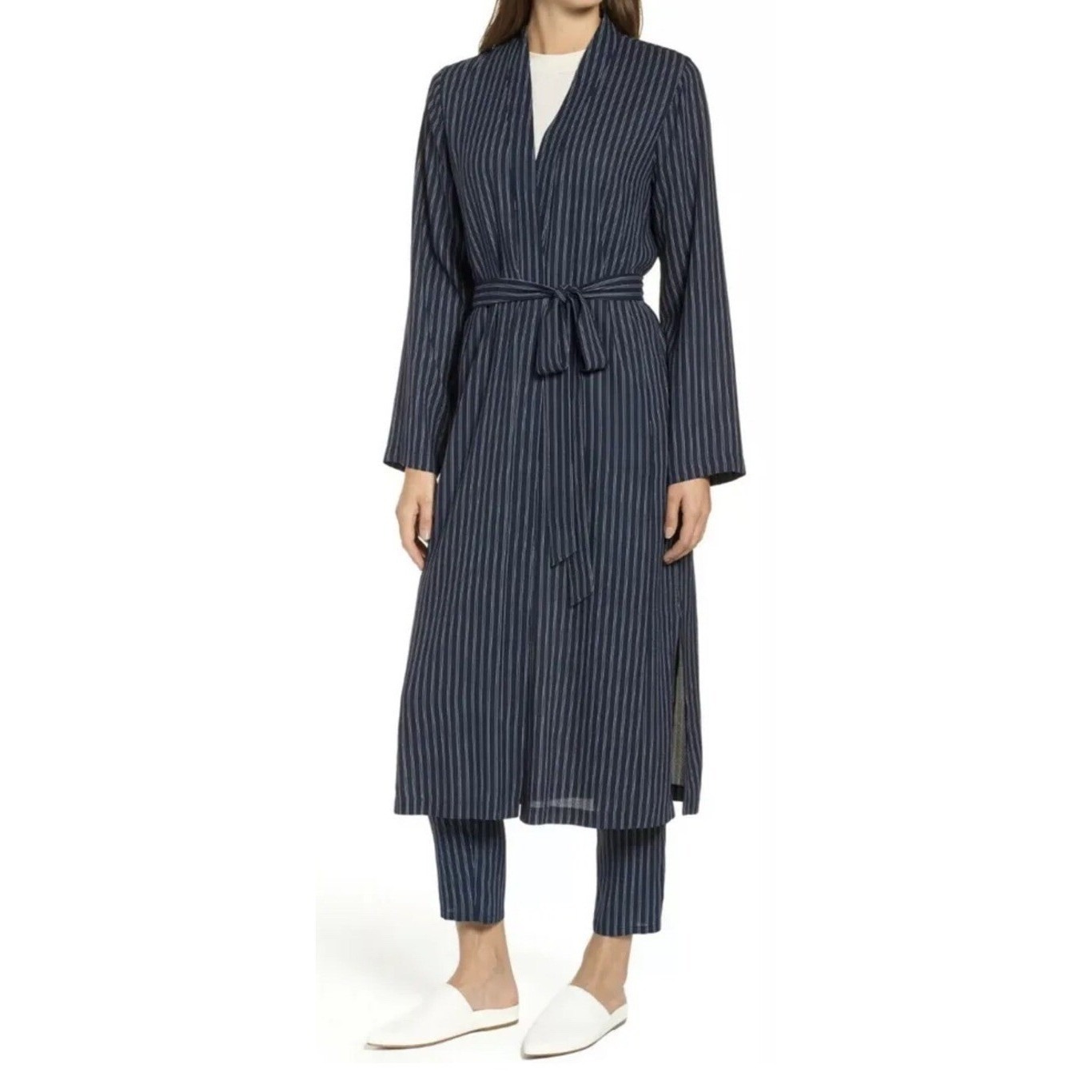 Nwt Eileen Fisher Double Stripe Tencel Viscose Long Kimono Jacket Navy Blue S/P
